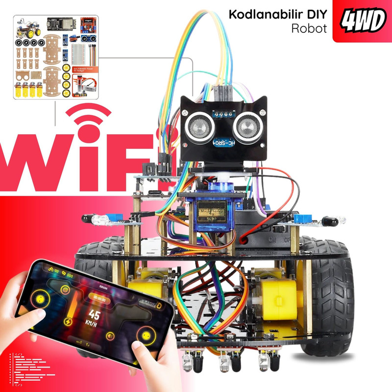 Arduino Uyumlu 4 Teker Robot Araba Kodlama Seti 4WD-WiFi (Kutulu ve E-Kitaplı)